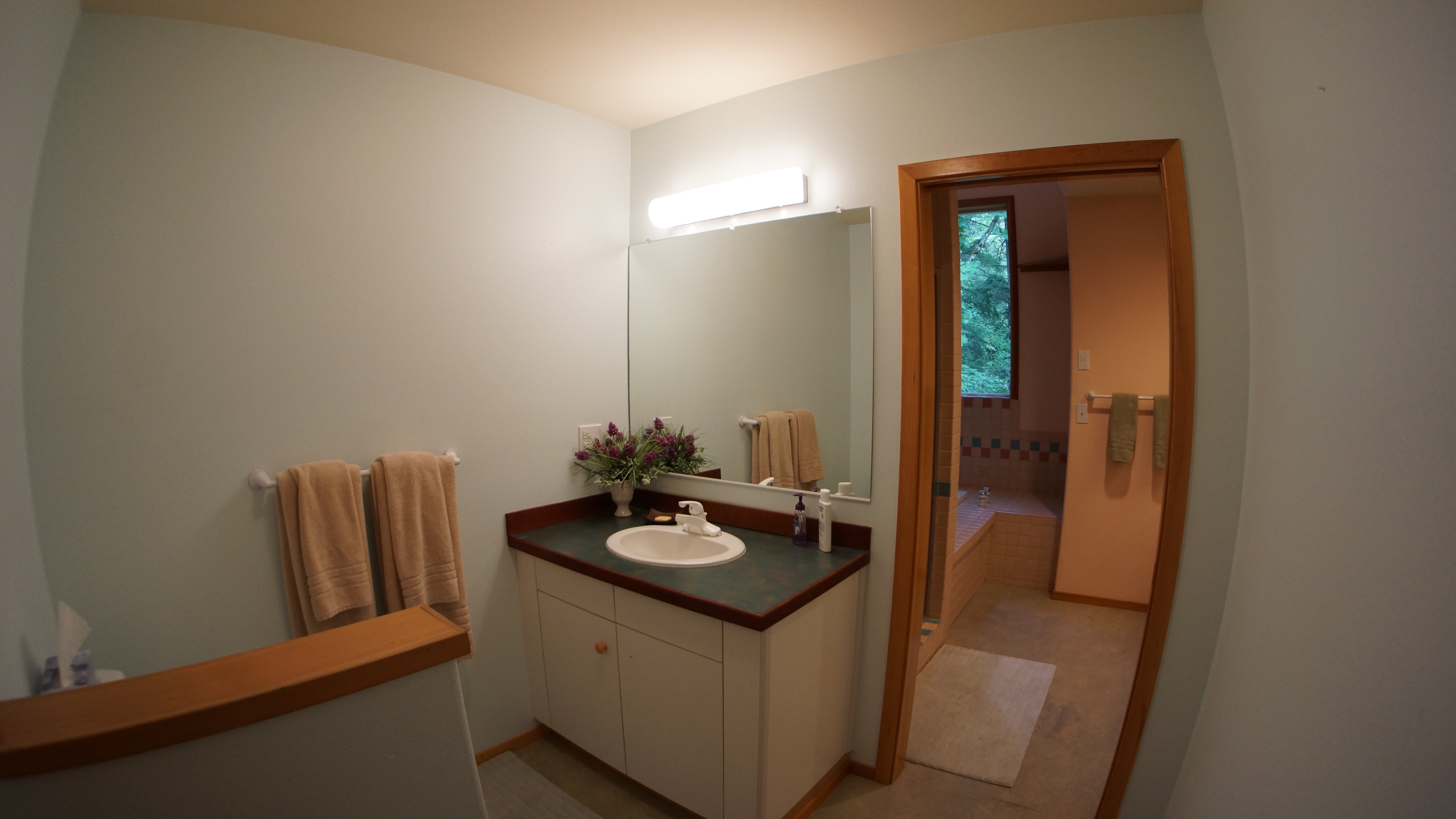 Upstairs Bathroom with His & Her Sinks in separate rooms. <BR>Privacy pocket door closes between rooms.